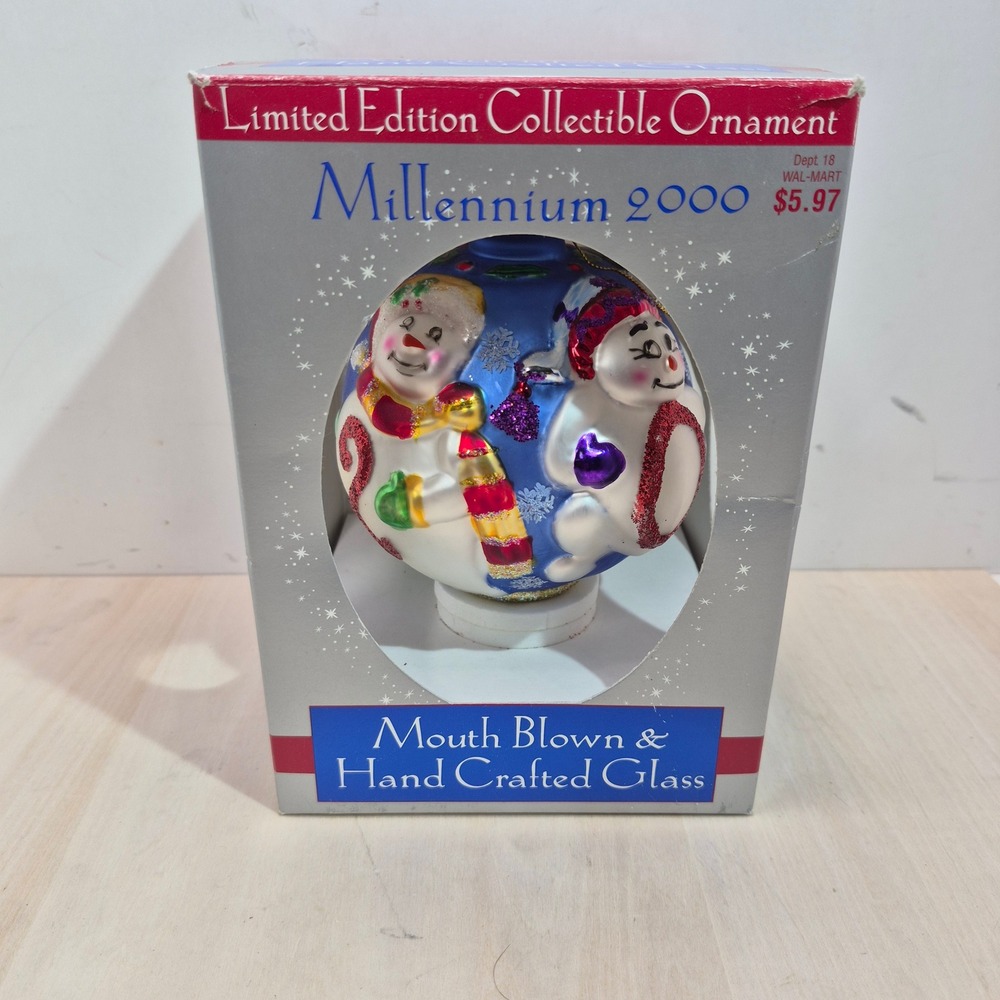 Millennium 2000 Limited Edition Snowman Glass Ornament Santa's Best Blue Boxed